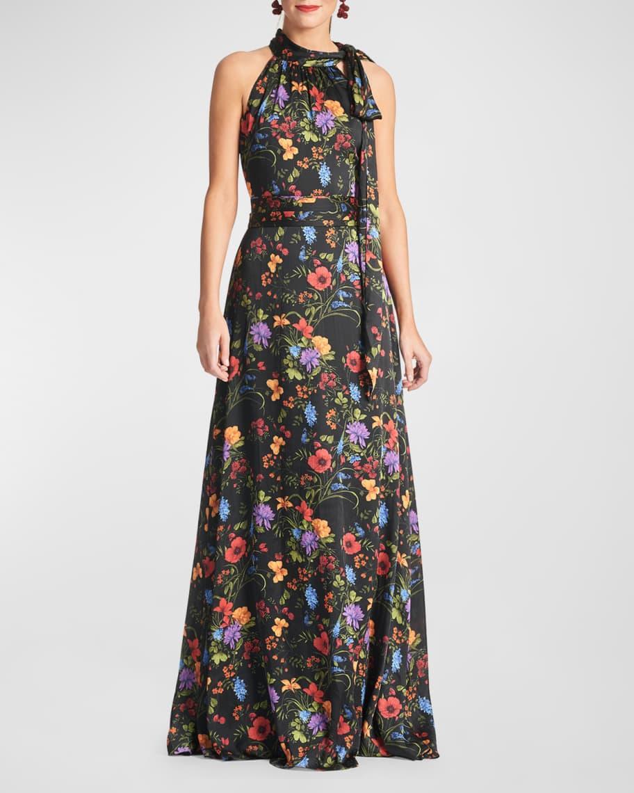 Kayla Floral-Print Tie-Neck Halter Gown Product Image