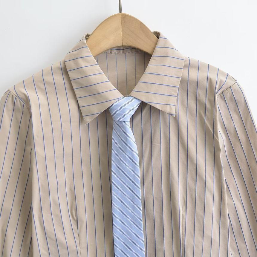 Long Sleeve Collared Striped Shirt with Necktie Product Image