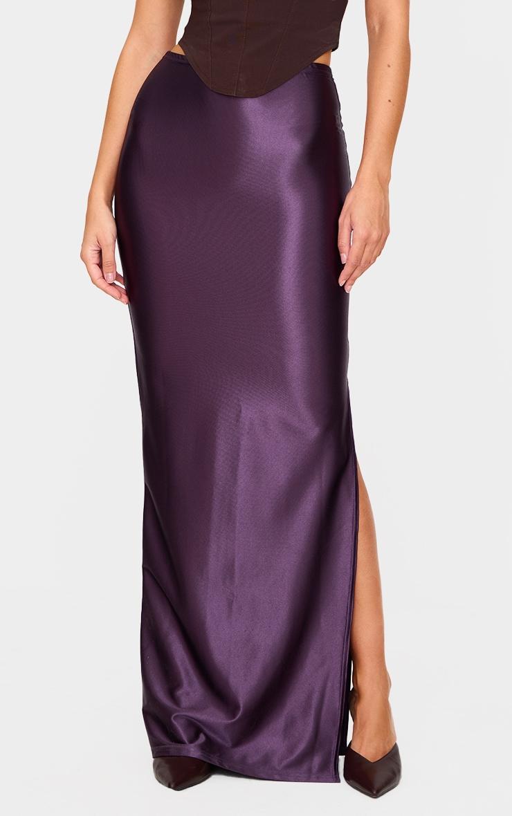 Plum Stretch Satin Split Side Maxi Skirt Product Image