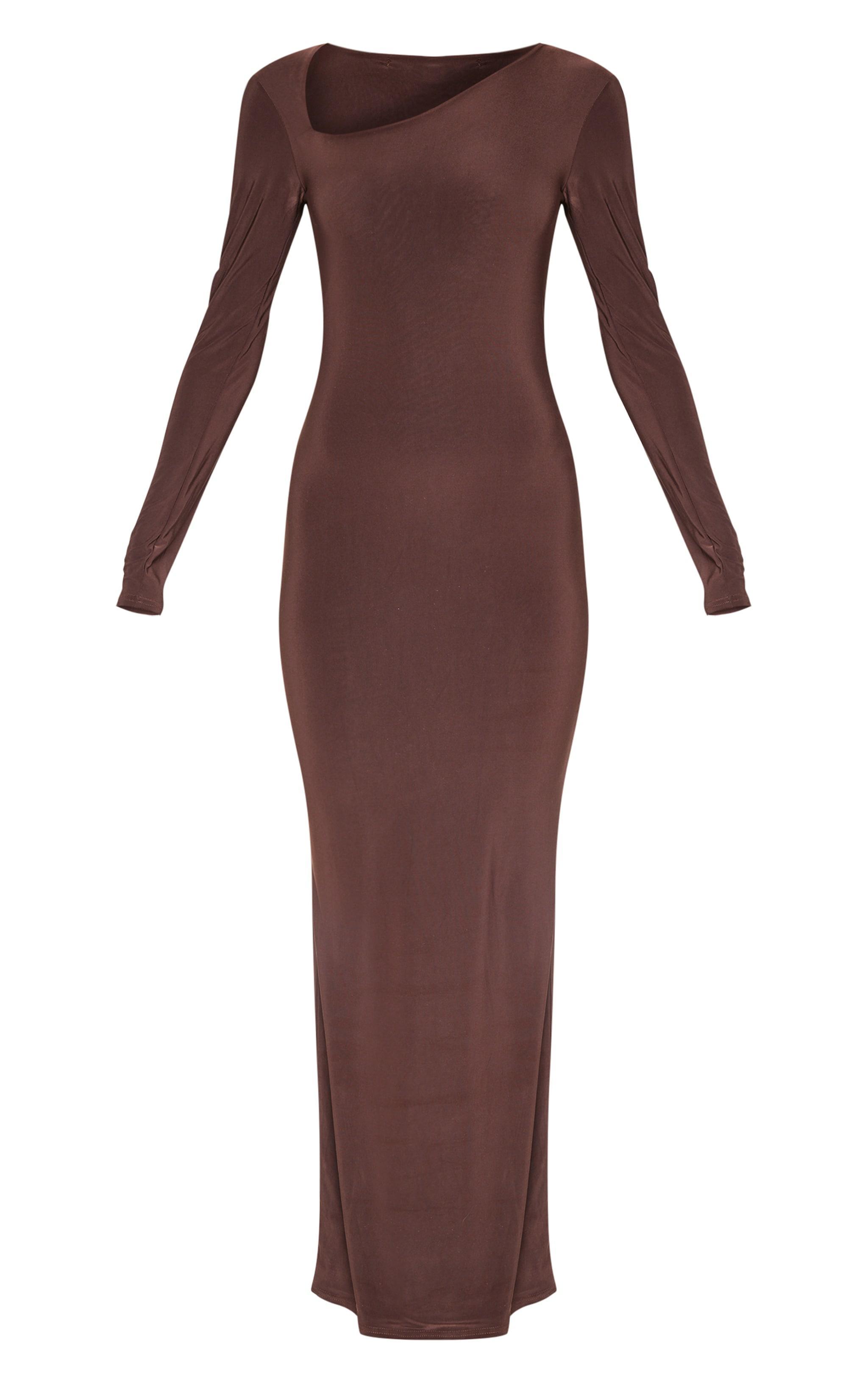 Chocolate Double Slinky Asymmetric Neck Line Long Sleeve Maxi Dress Product Image