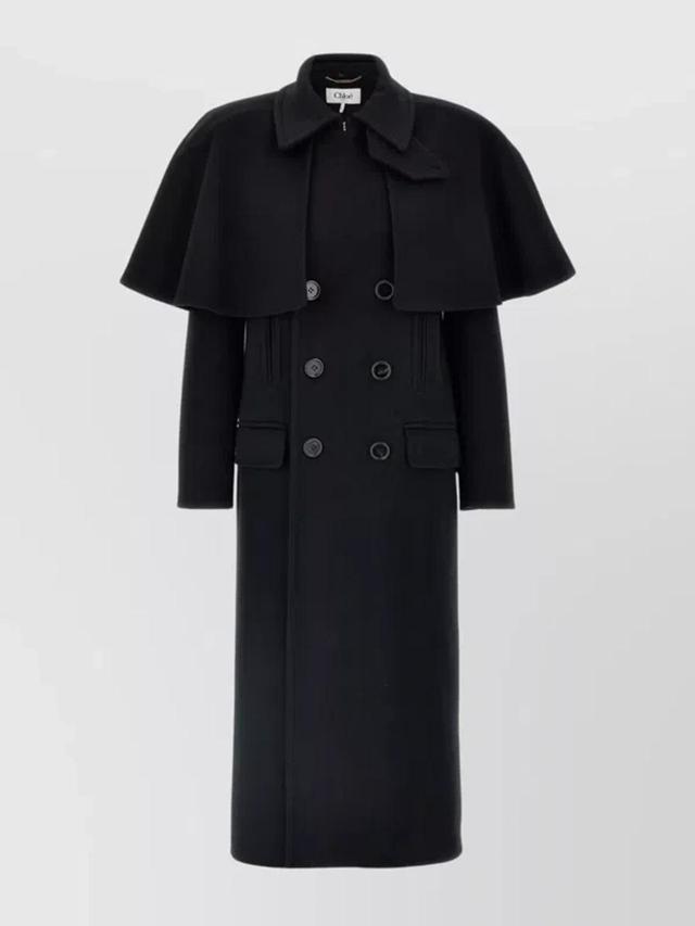 CHLOÉ Elegant Double-breasted Cape Long Jacket In Black Product Image