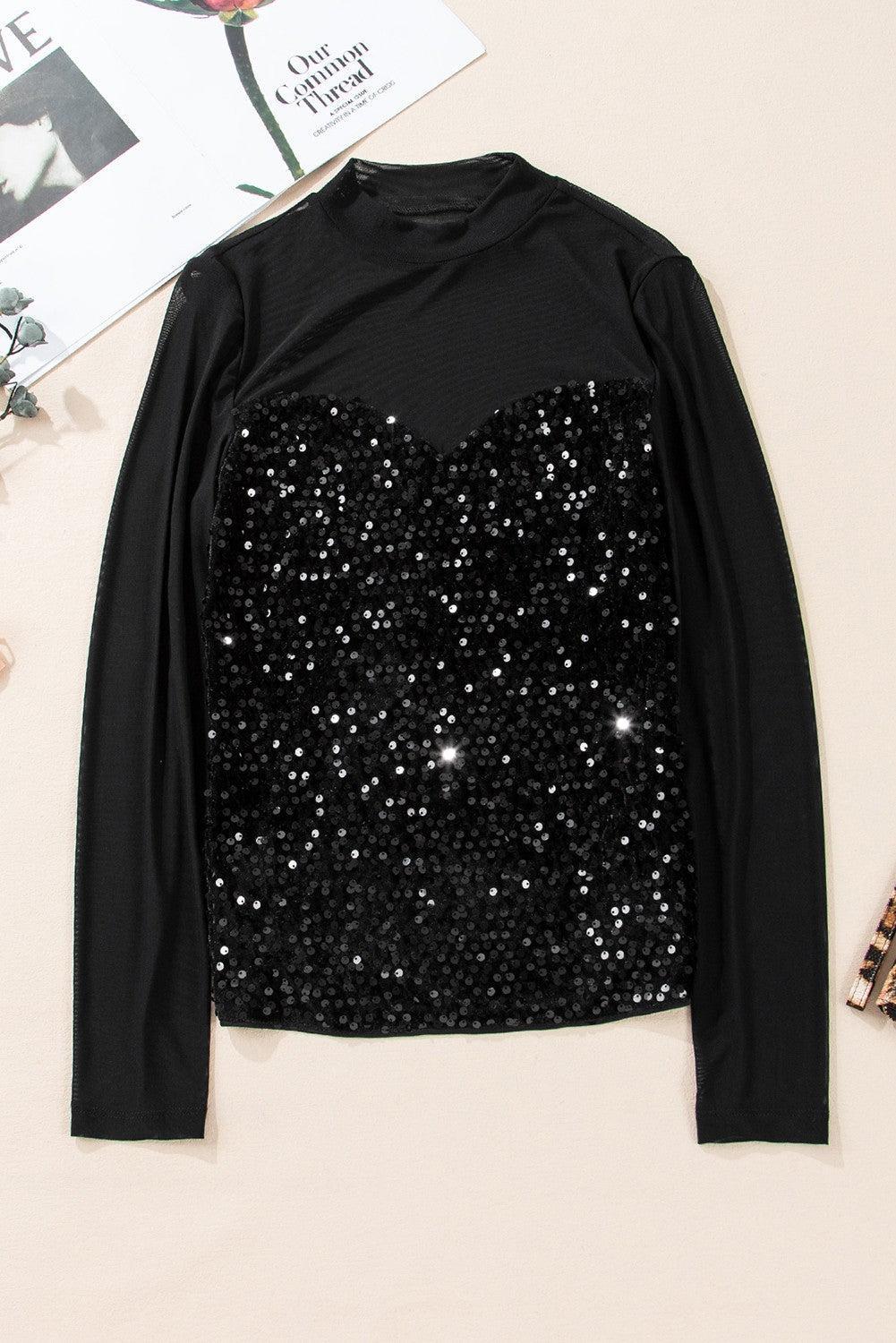 Black Sequin Velvet Sheer Mesh Mock Neck Blouse Product Image