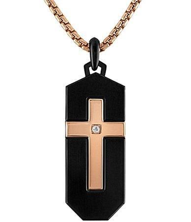 Bulova Mens Rose Gold Tone Stainless Steel Diamond Cross Dog Tag Long Pendant Necklace Product Image