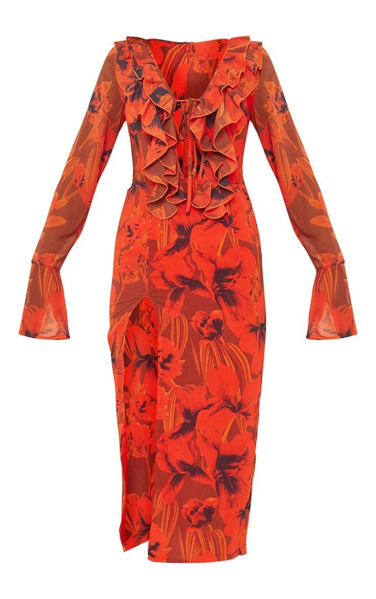 Red Floral Print Chiffon Frill Detail Midi Dress Product Image