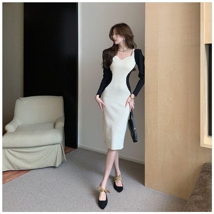 Long-Sleeve Two Tone Midi Sheath Knit Dress Product Image