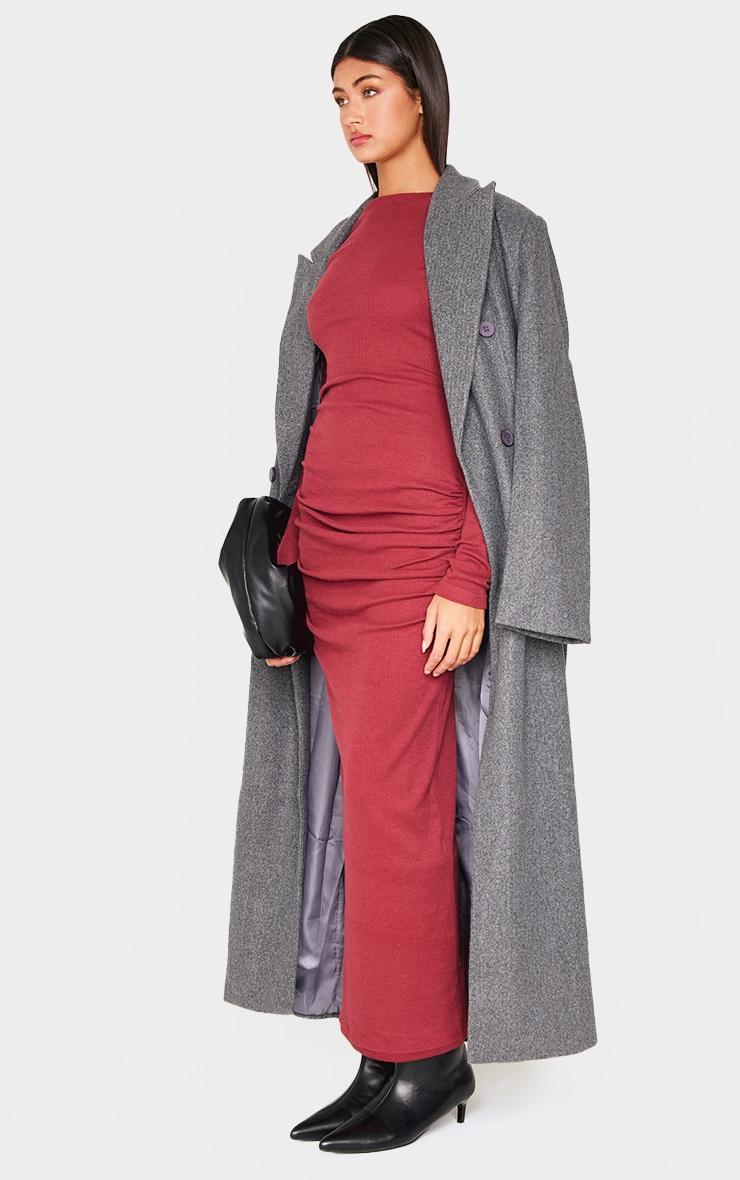 Burgundy Ribbed Ruched Detail Long Sleeve Maxi Product Image