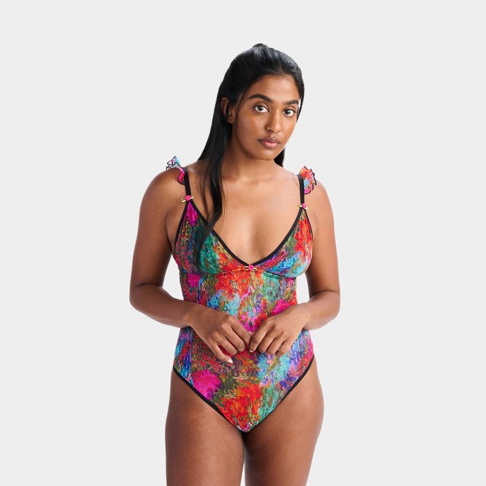 Parade Womens Floral Print Sliky Mesh Flutter Strap Bodysuit - Bright Monet XS Product Image