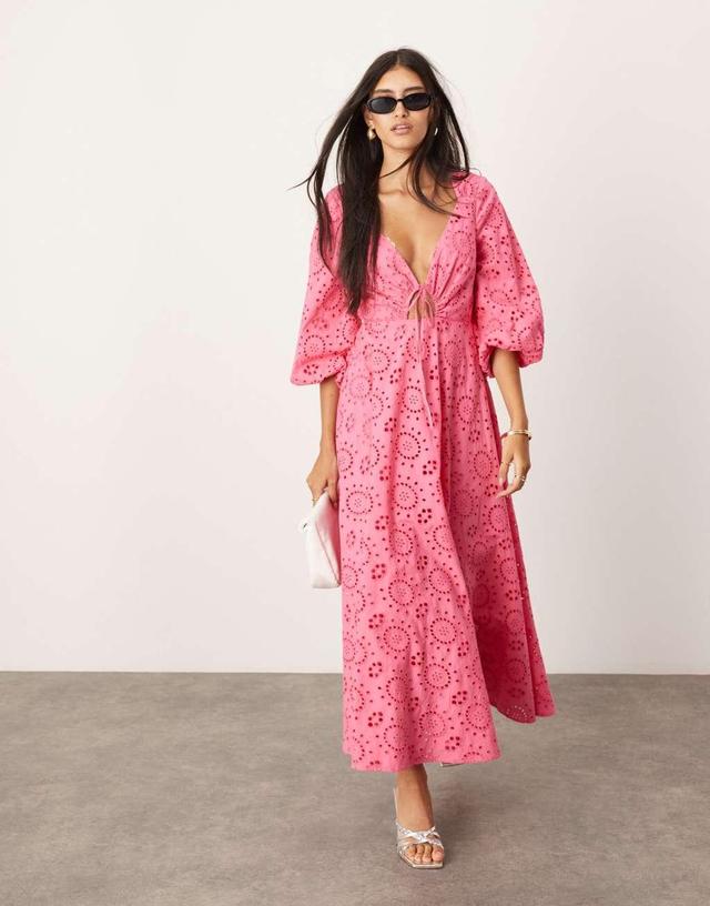 ASOS EDITION eyelet tie front midi dress with cut out detail in hot pink Product Image