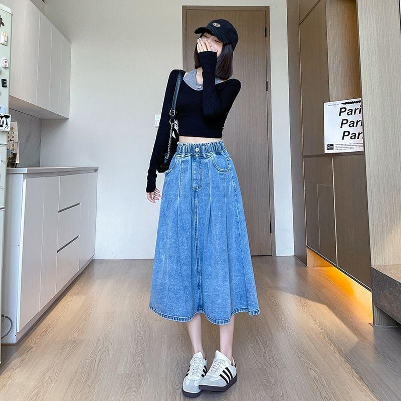 Elastic Waist Washed Denim Midi A-Line Skirt Product Image