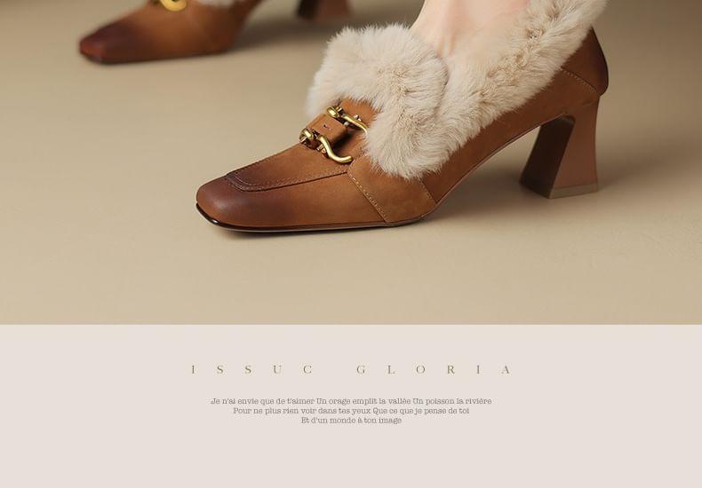 Square Toe Fluffy Trim Chunky Heel Loafers Product Image