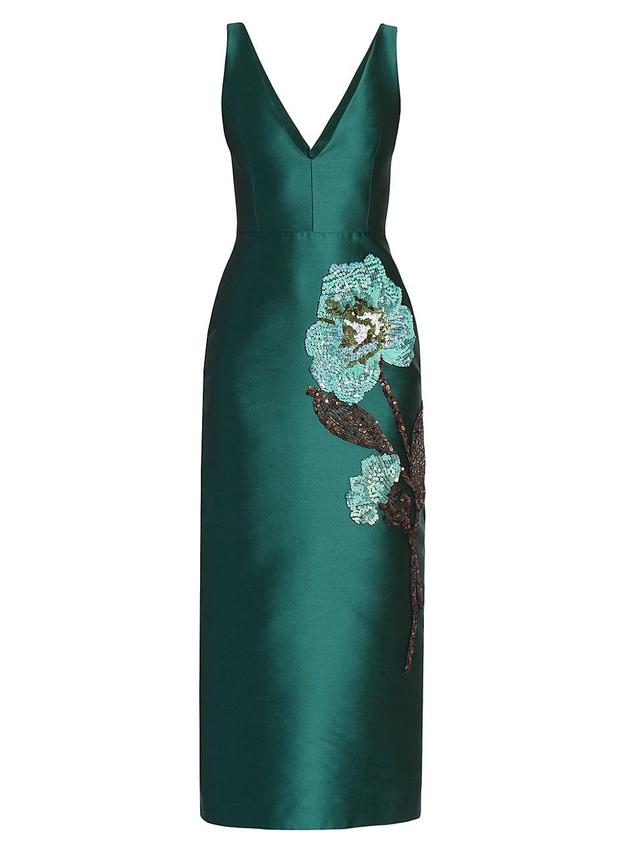 Womens Sequined Floral Satin Midi-Dress Product Image