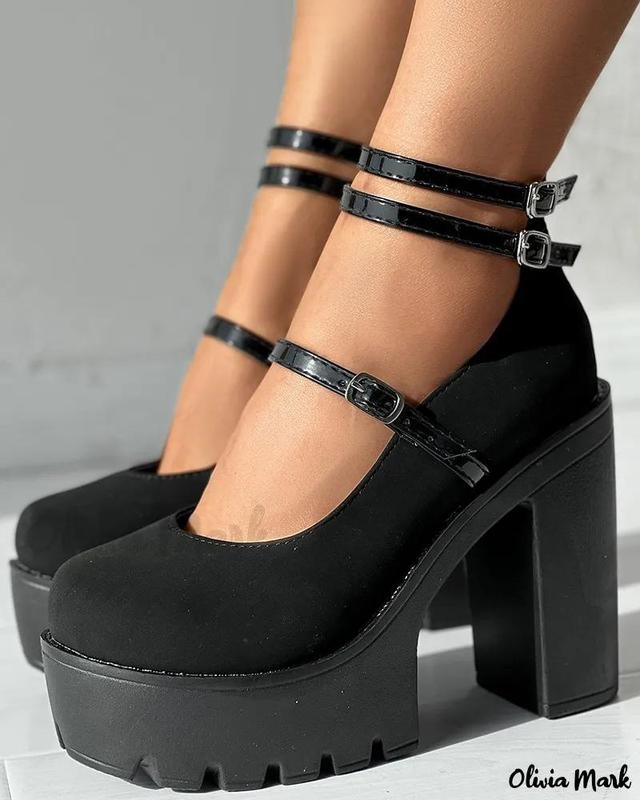 Olivia Mark – Premium Platform Ankle Strap Chunky Heeled Pumps Product Image