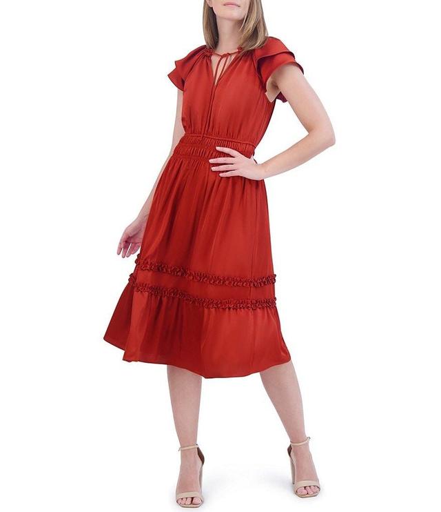 Eliza J Satin Split Round Tie Neck Short Tiered Ruffle Sleeve Smocked Tiered Midi Dress Product Image