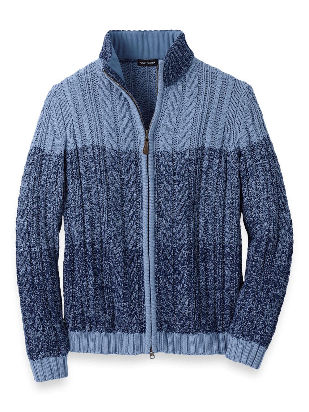 Cotton Cable Full Zip Mock Neck Sweater - Blue Product Image