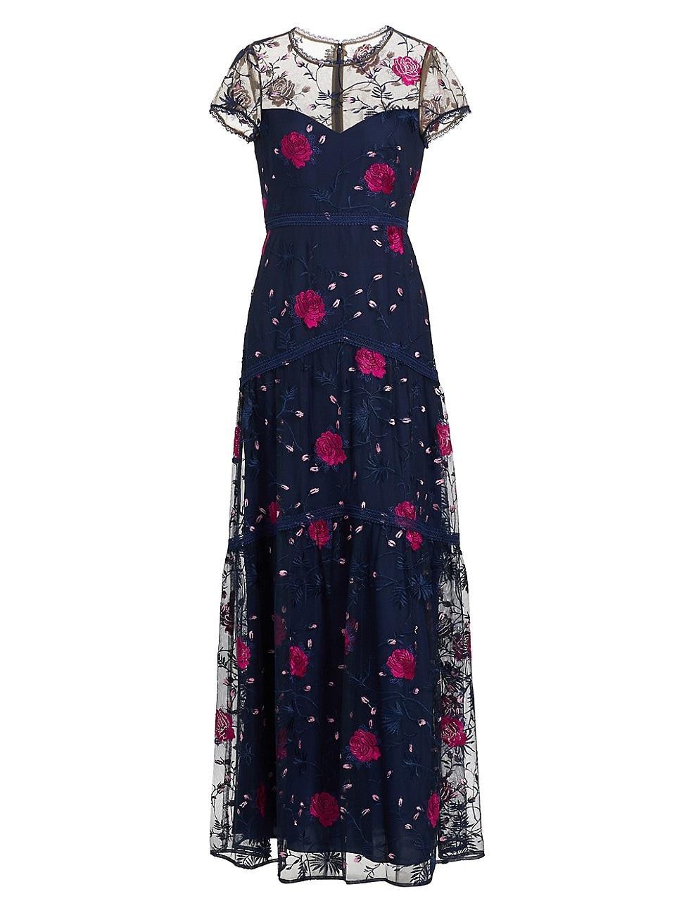 Womens Short-Sleeve Floral-Embroidered Dress Product Image