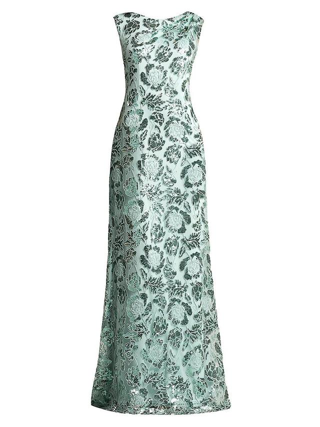 Womens Boat Neck Floral Lace Sequin Gown Product Image