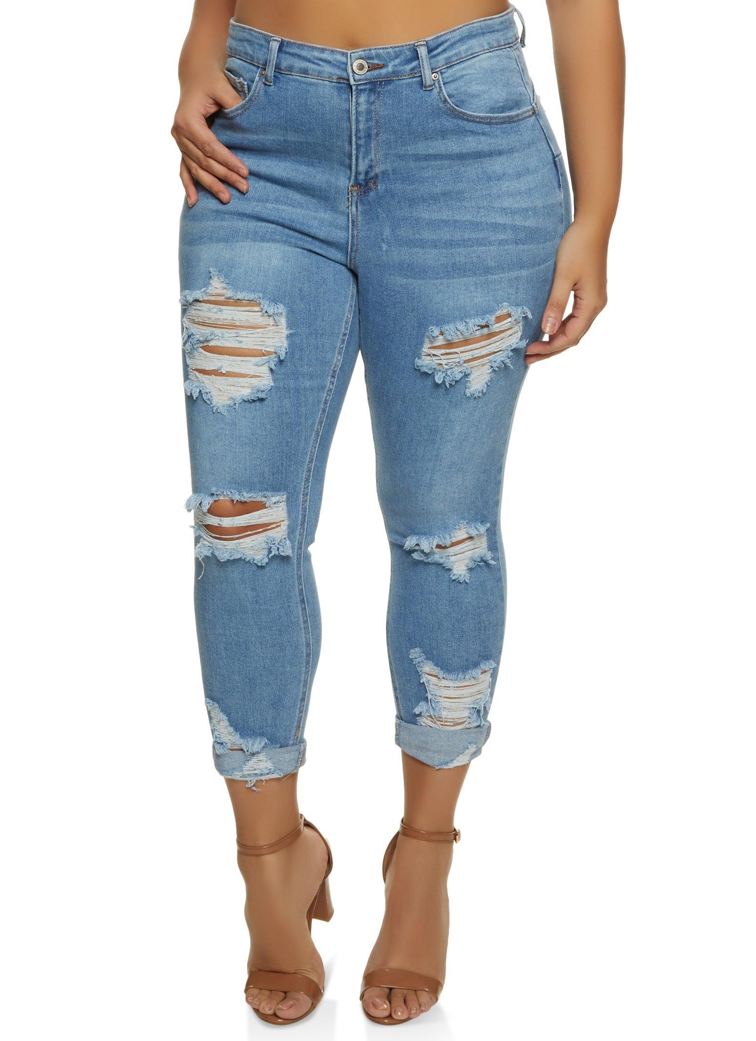 Womens Plus Size WAX Distressed Rolled Cuff Jeans Product Image