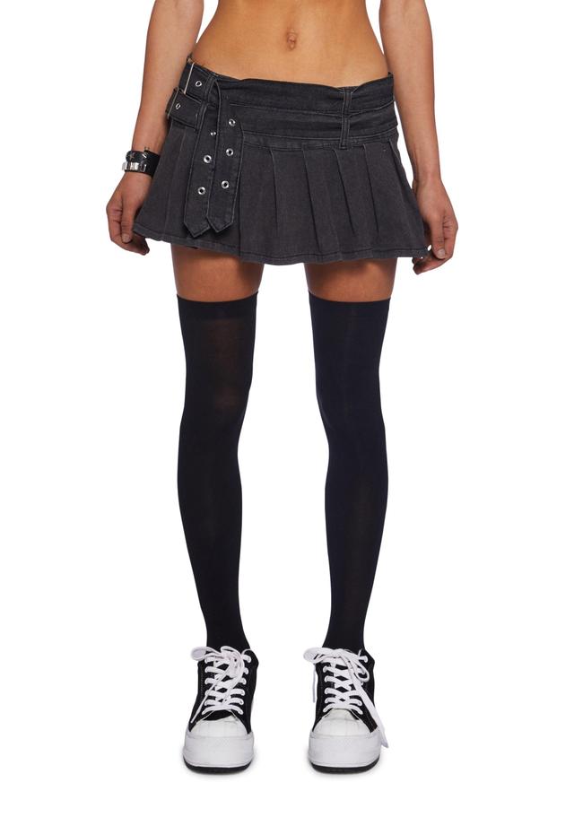 Sexy Womans Back To School Stretchy Pleated Denim Mini Skirt - Black Product Image