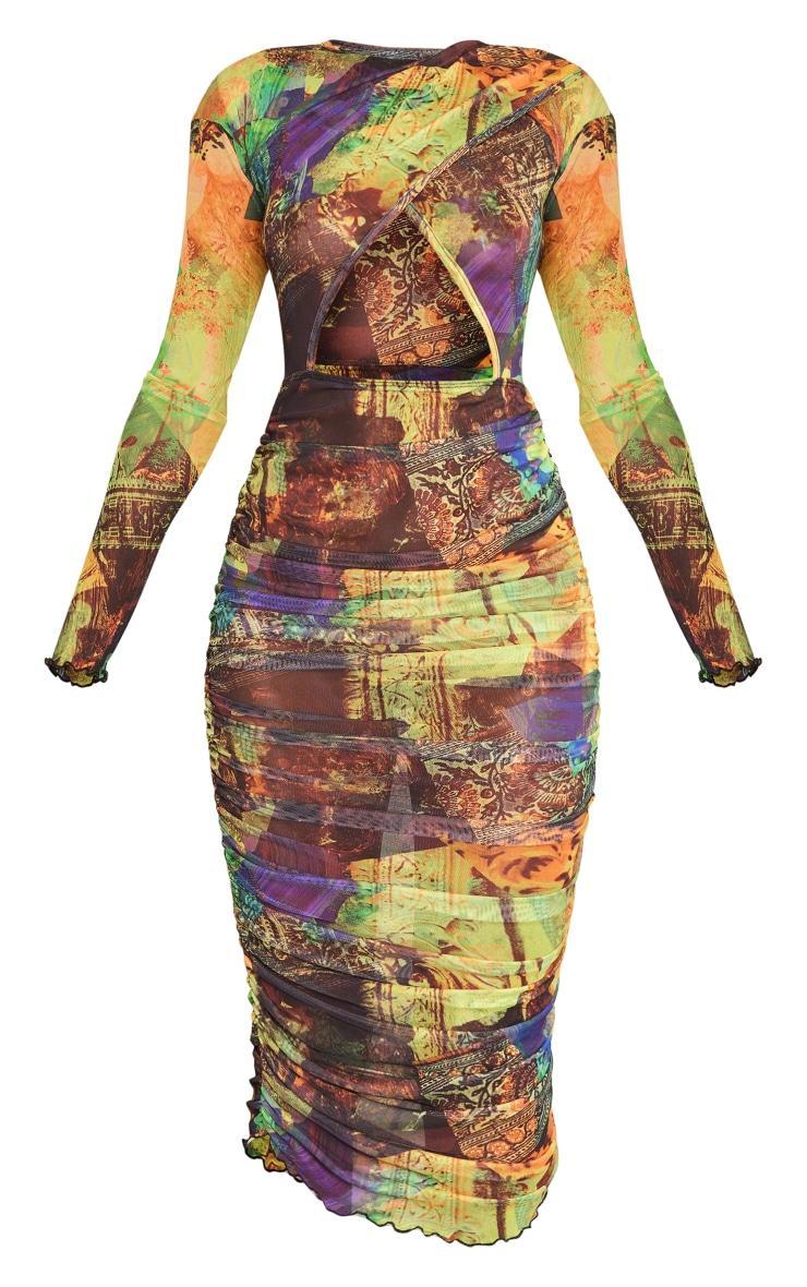 Yellow Abstract Print Ruched Mesh Long Sleeve Maxi Dress Product Image