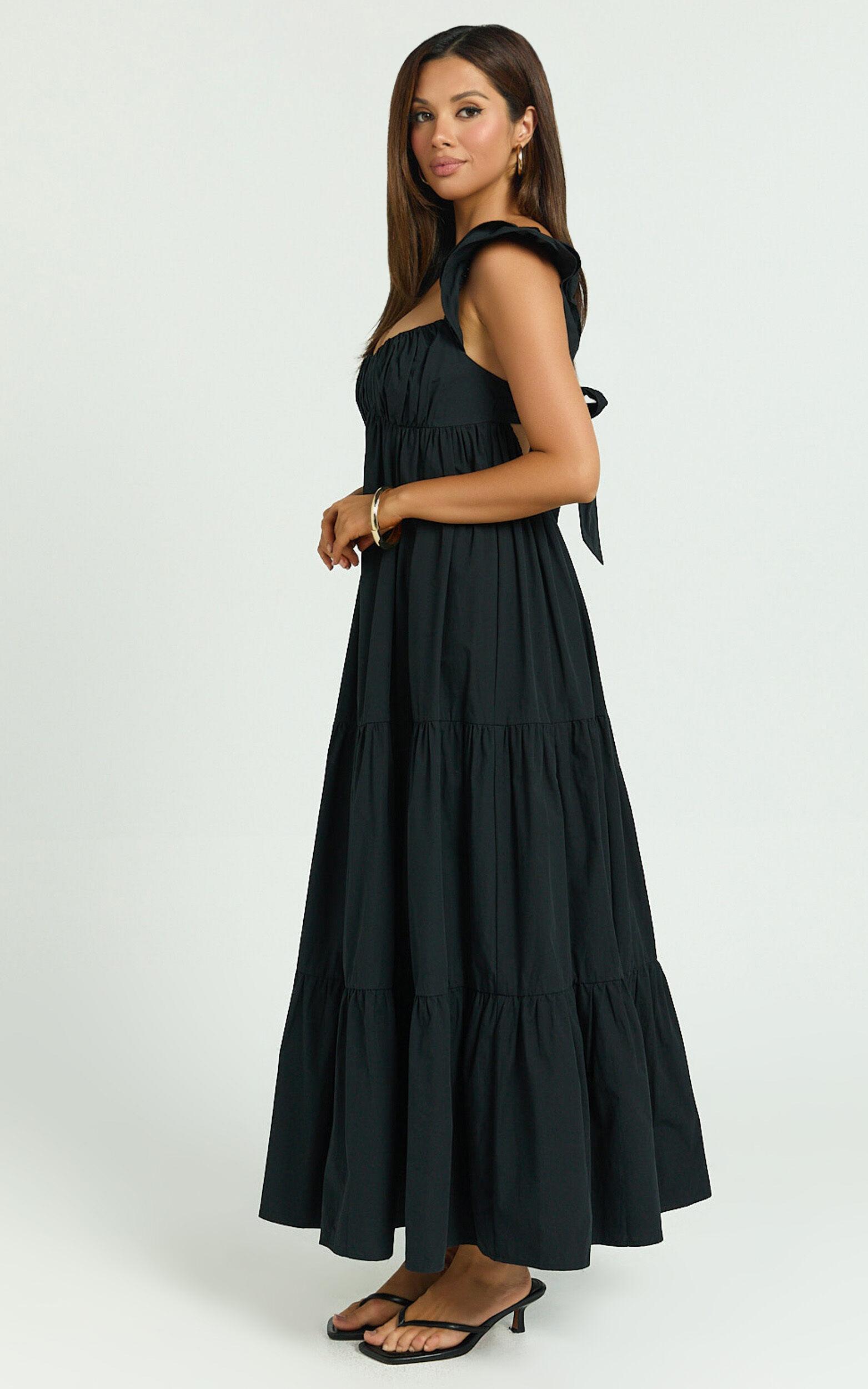 Brienne Midi Dress - Flutter Sleeve Tie Back Dress in Black Product Image