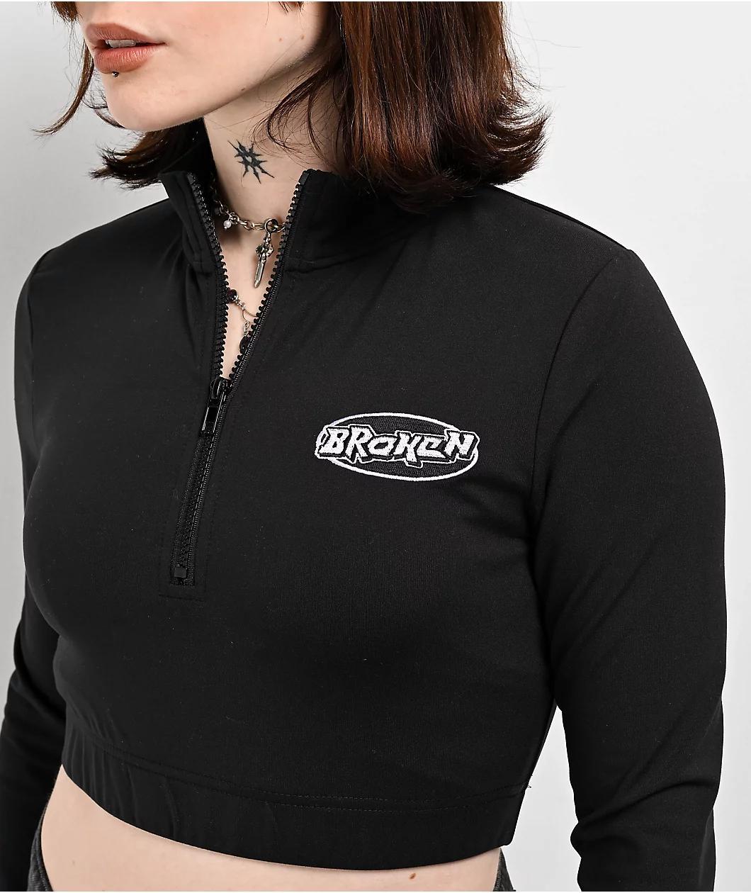 Broken Promises Chuck Black Half Zip Crop Top Product Image