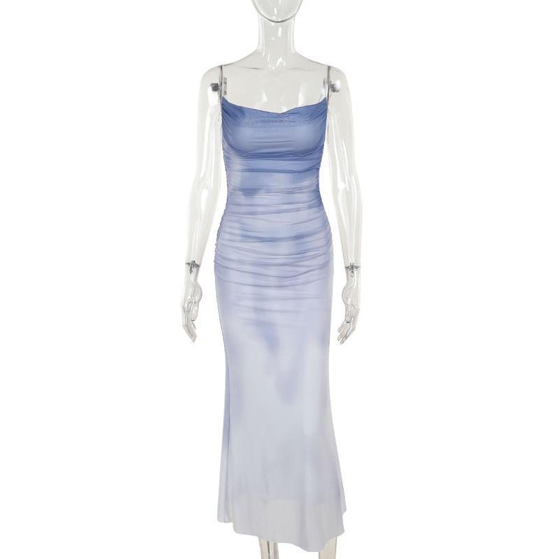 Spaghetti Strap Tie Dye Mesh Maxi Sheath Dress Product Image