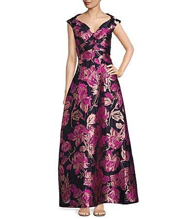 Kay Unger Metallic Floral Print Portrait Neck Cap Sleeve A Product Image