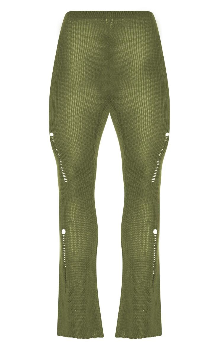 Khaki Distressed Knit Flare Pants Product Image