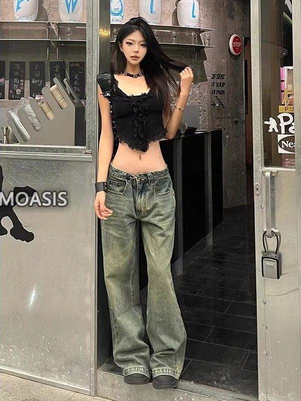 Low Waist Washed Wide Leg Jeans Product Image