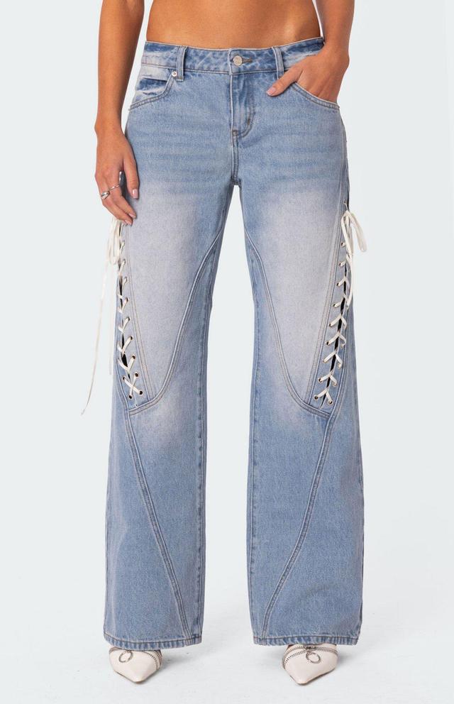 Edikted Women's Low Rise Bow Ribbon Lace Up Jeans Product Image