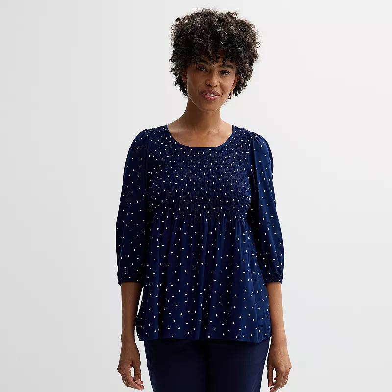 Womens Croft & Barrow Three-Quarter Sleeve Smocked Blouse Blue Scatter Dot Product Image