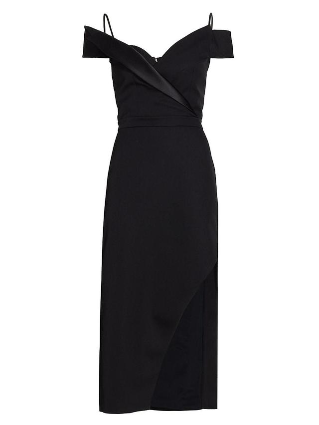 Alexander McQueen Crisp Asymmetric Off the Shoulder Wool Midi Dress Product Image