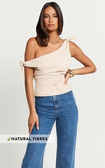 Ivy Top - Linen Look Off Shoulder Tie Top in Oatmeal Product Image