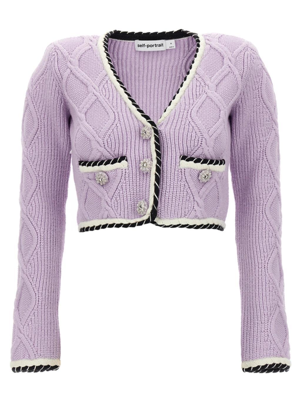 Cable Knit Cotton Blend Cardigan In Purple Product Image