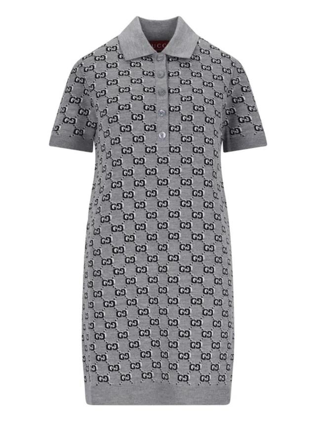 Gg Wool Dress With Ribbed Profiles In Gray Product Image