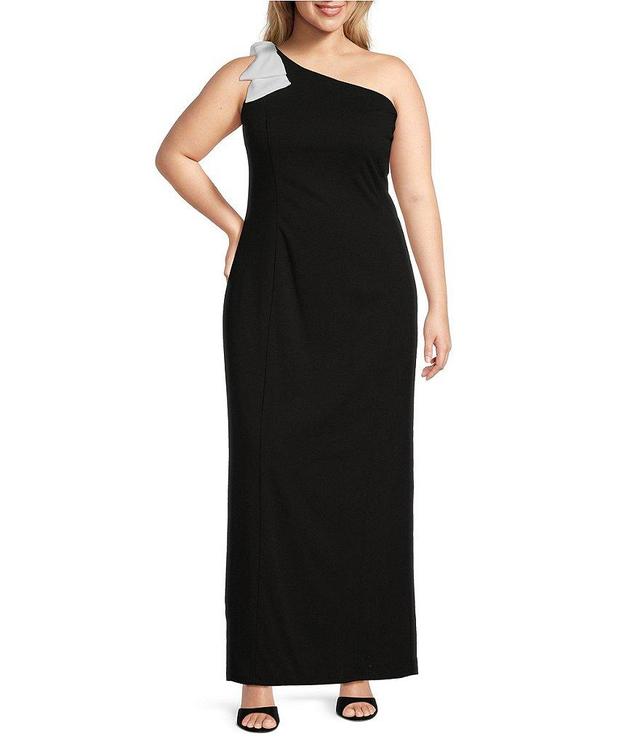 Marina Plus Size Scuba Crepe Sleeveless One Shoulder Bow Embellished Sheath Dress Product Image