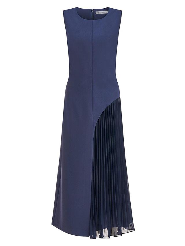 Kay Unger Stretch Crepe Jewel Neck Sleeveless Pleated Chiffon Underskirt Midi Dress Product Image