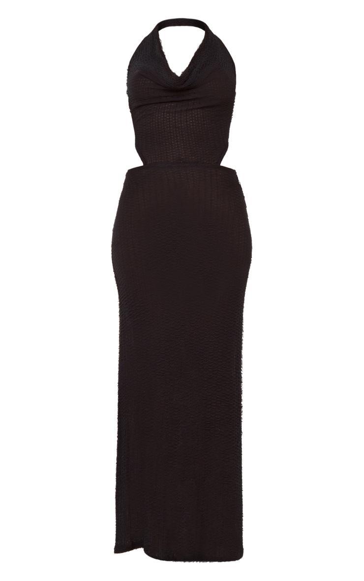 Black Textured Halterneck Tie Back Maxi Dress Product Image