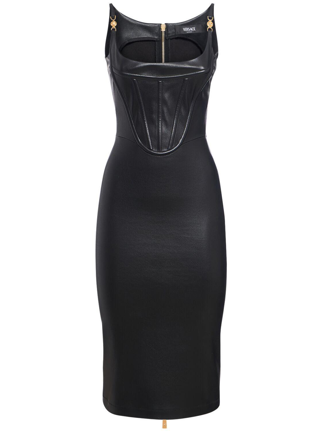 VERSACE Stretch-leather Bodycon Midi Dress In Black Product Image