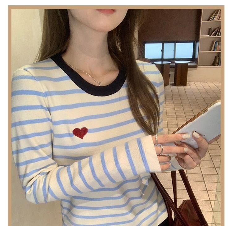 Long-Sleeve Crew Neck Striped Heart Embroidered Contrast Trim Slim Fit T-Shirt Product Image