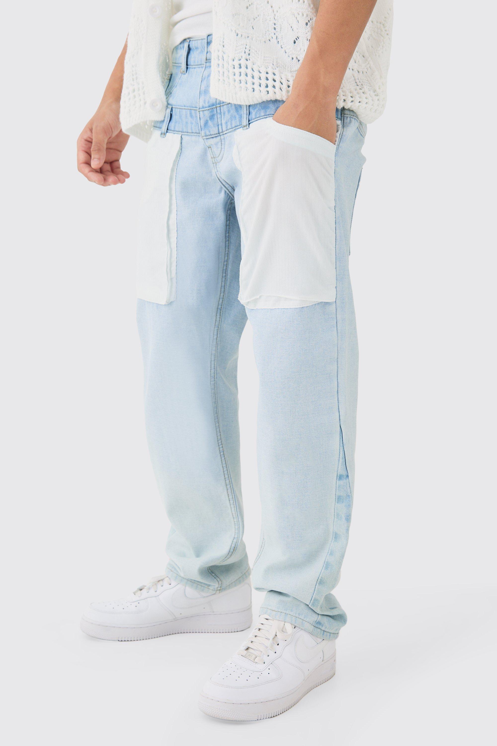 Relaxed Rigid Double Waistband Reverse Cut & Sew Denim Jean | boohooMAN USA Product Image