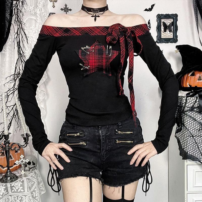 Long-Sleeve Off Shoulder Star Applique Tee Product Image