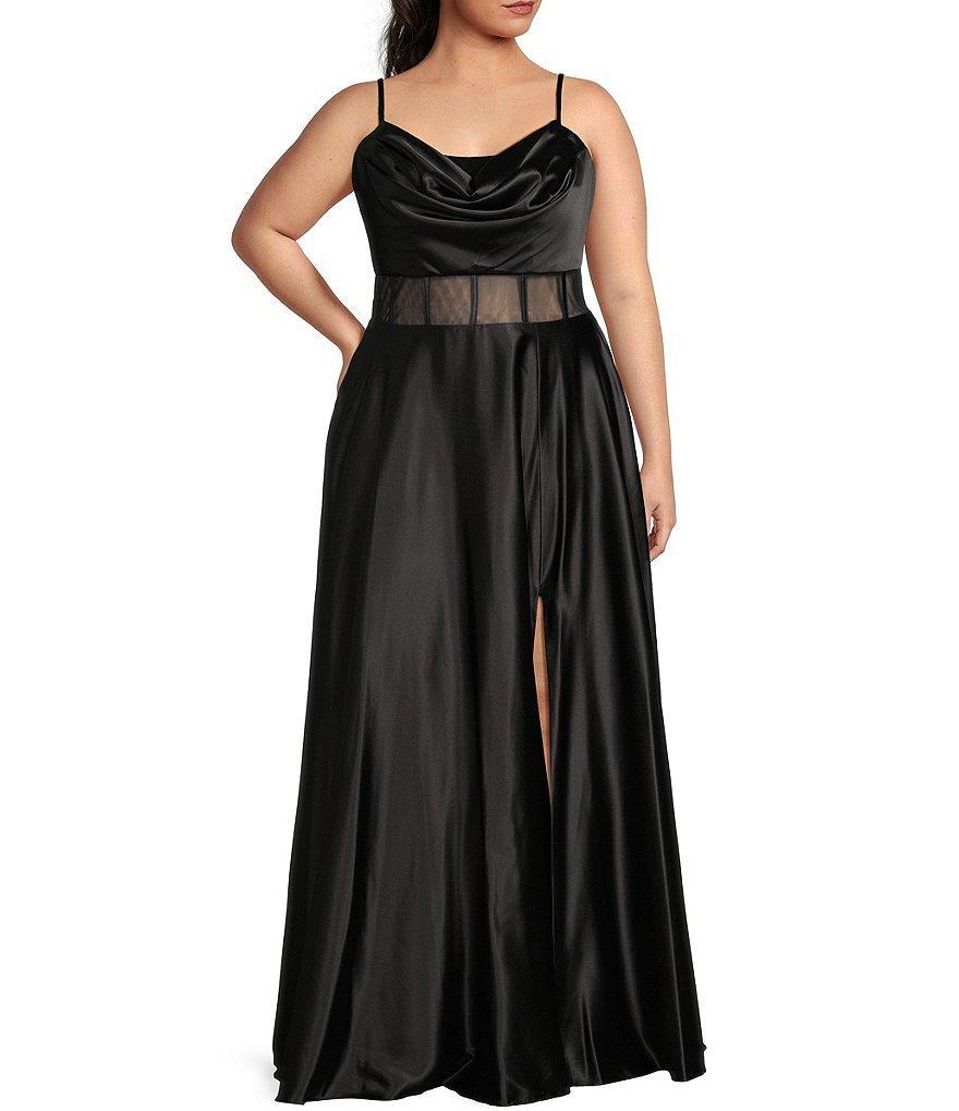 Next Up Plus Sleeveless Cowl Neck Lace-Up Back Mesh Corset Long Dress Product Image