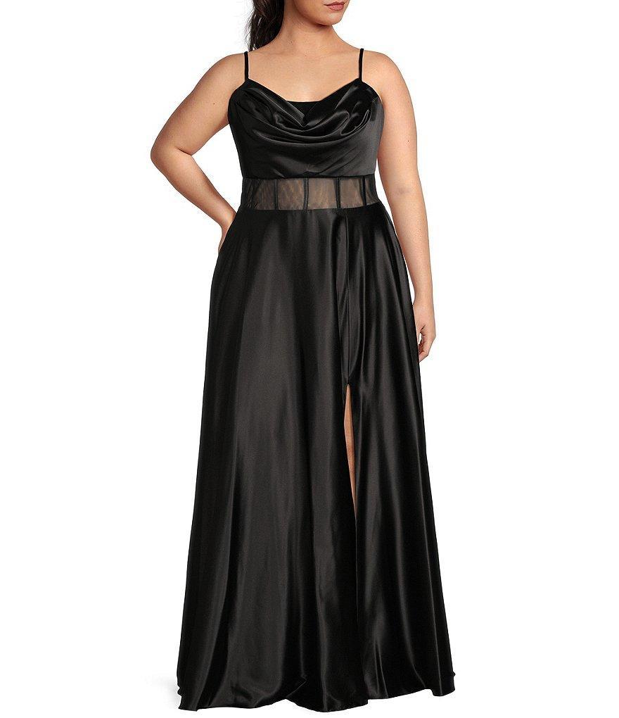 Next Up Plus Sleeveless Cowl Neck Lace-Up Back Mesh Corset Long Dress Product Image