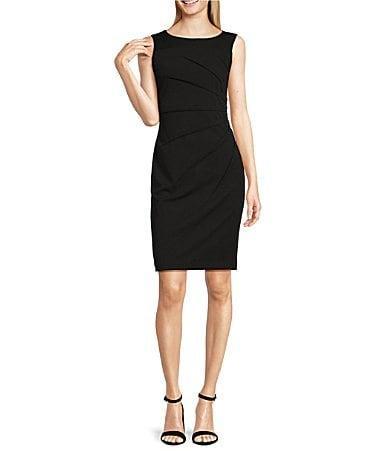 Calvin Klein Sideburst Boat Neck Sleeveless Ruched Pencil Dress Product Image