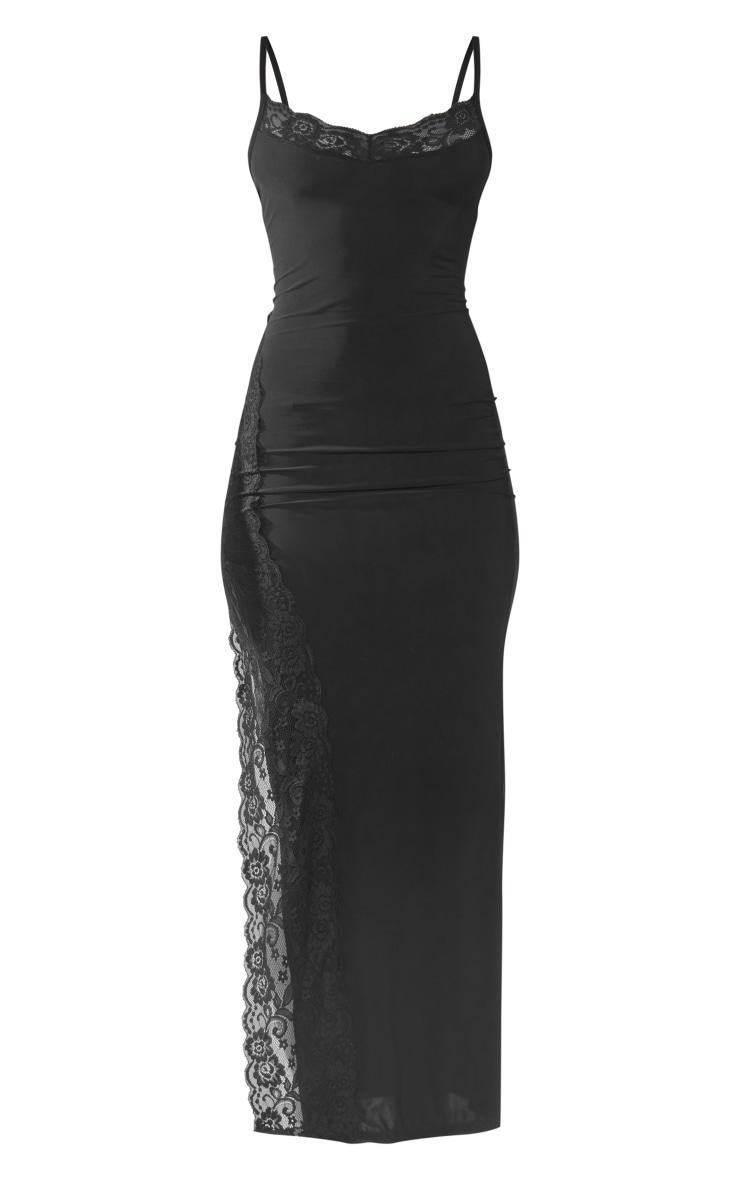 Black Slinky Lace Trim Split Detail Maxi Dress Product Image