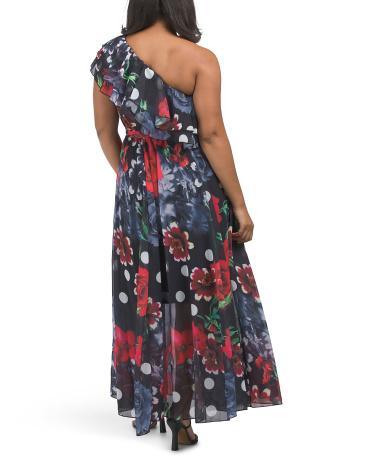 One Shoulder Floral Polka Dot Maxi Dress for Women | Polyester/Spandex Product Image