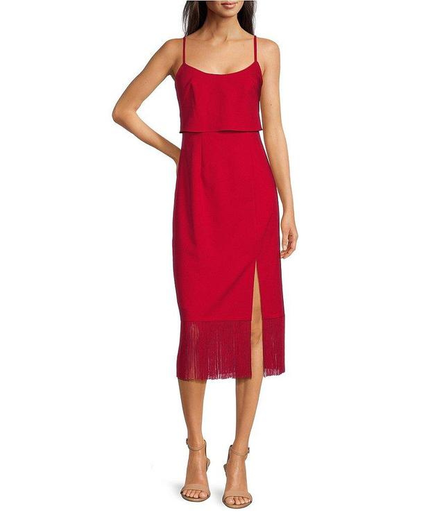 Adrianna by Adrianna Papell Stretch Crepe Scoop Neck Sleeveless Fringe Trim Dress Product Image