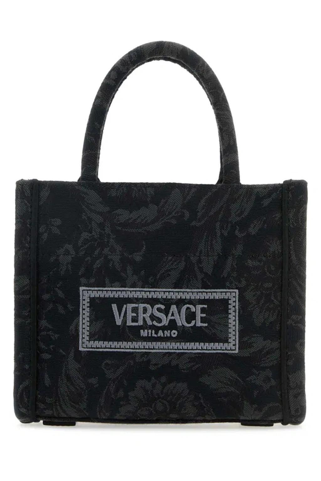 VERSACE Mini Baroque Embroidered Canvas Shopping Handbag In Printed Product Image