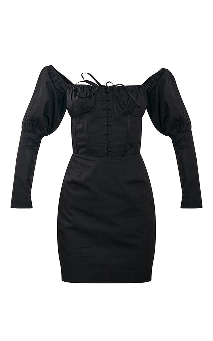 Black Bardot Corset Button Detail Bodycon Dress Product Image